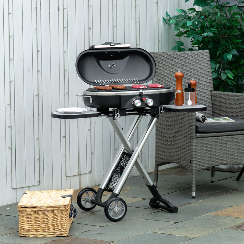 Foldable Gas BBQ Grill 2 Burner Garden Barbecue Trolley w/ Lid Side Shelves Storage Pocket Piezo Ignition Thermometer, Aluminium Alloy