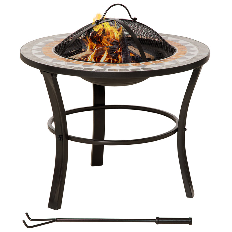 60cm Outdoor Fire Pit Table with Mosaic Outer, Round Firepit with Spark Screen Cover, Fire Poker for Garden Bonfire Party