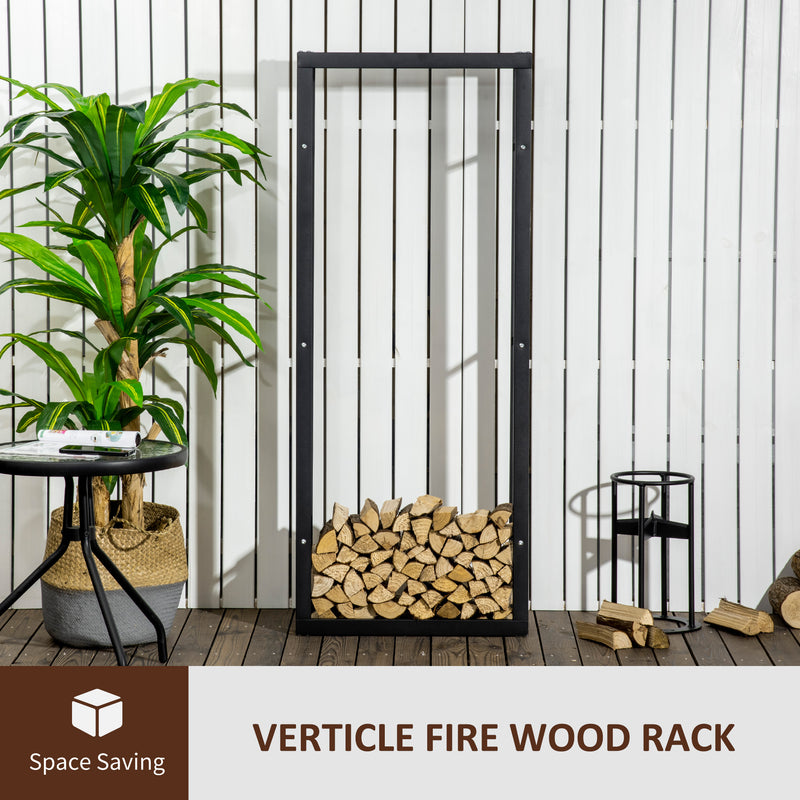 Metal Firewood Log Holder Tall Firewood Rack Indoor Outdoor Fireplace Wood Storage Shelf, Black, 60Wx25Dx150Hcm