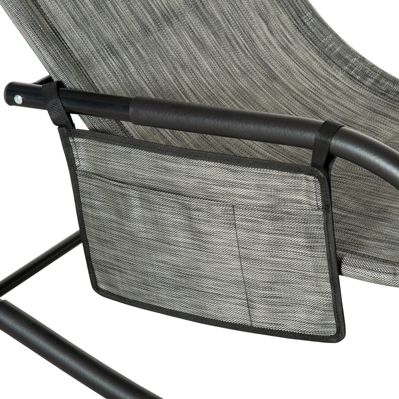 2Pcs Garden Rocking Chair, Patio Sun Lounger Rocker Chair w/ Breathable Mesh Fabric, Removable Headrest Pillow, Side Storage Bag, Dark Grey