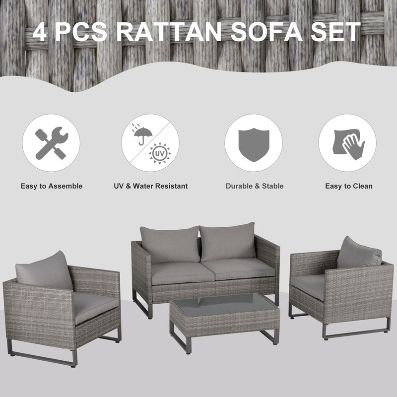 4-Seater PE Rattan Garden Furniture Wicker Dining Set w/ Glass Top Table, Cushions, Light Grey