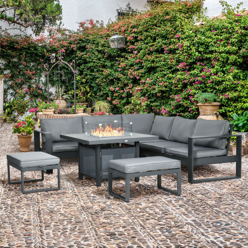 6-Piece Aluminium Garden Furniture Set, Outdoor Conversational Corner Sofa Loveseat Footstool Sectional w/Gas Fire Pit Table for Yard Grey