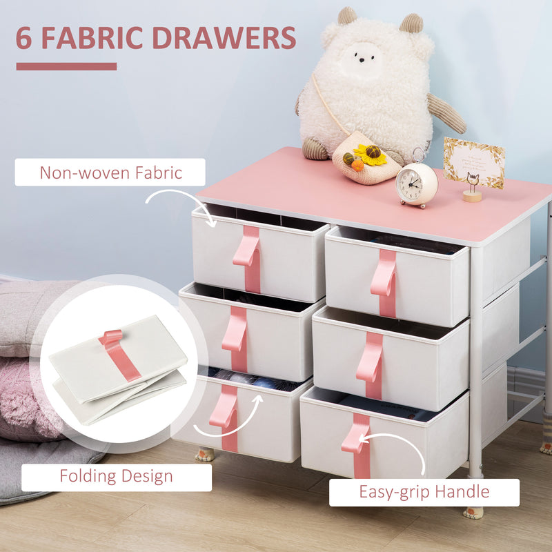 Chest of Drawers, Cloth Organizer Unit with 6 Fabric Drawers, Metal Frame and Wooden Top, Storage Cabinet for Kids Room, Living Room, Pink