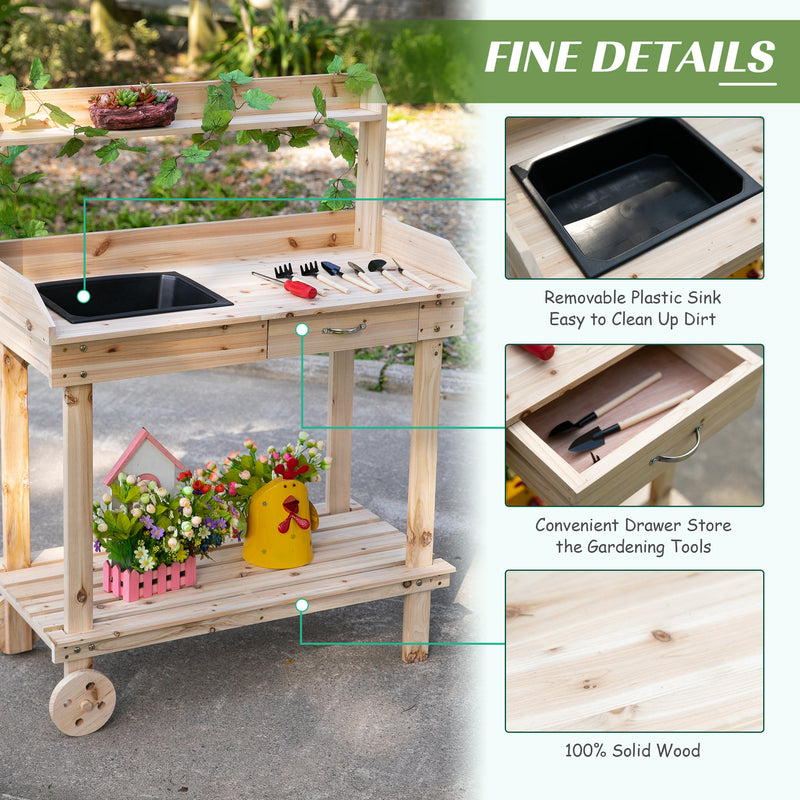 Garden Potting Bench Table, Wooden Work Station, Outdoor Planting Workbench with 2 Wheels, Sink, Drawer & Large Storage Spaces, 92x45x119cm