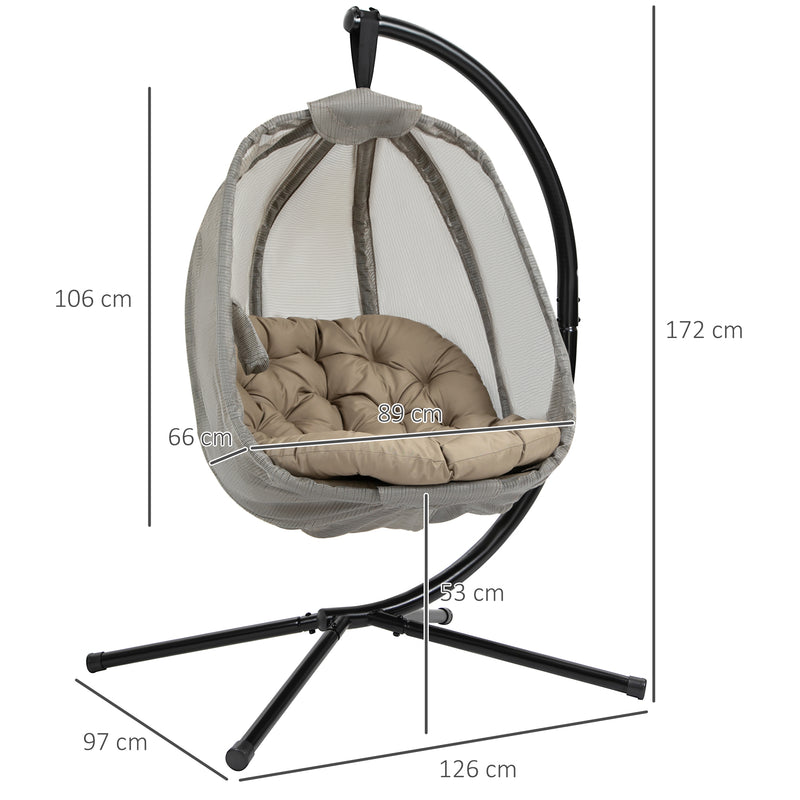 Hanging Egg Chair, Folding Swing Hammock with Cushion and Stand for Indoor Outdoor, Patio Garden Furniture, Khaki