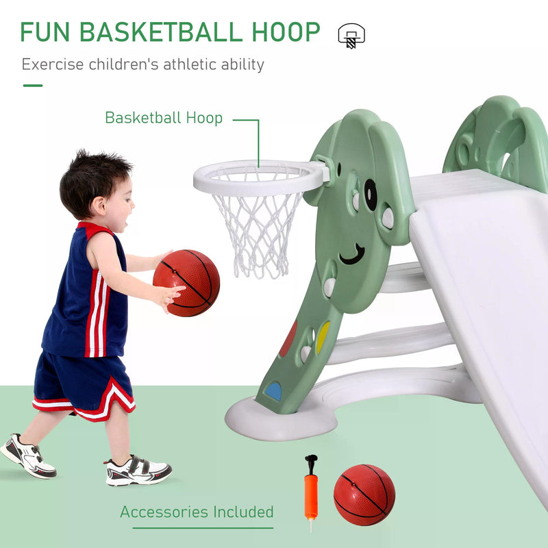 Kids Slide with Basketball Hoop Toddler Climber Freestanding Slider Playset Playground Slipping Slide for 2-6 Years Old Green