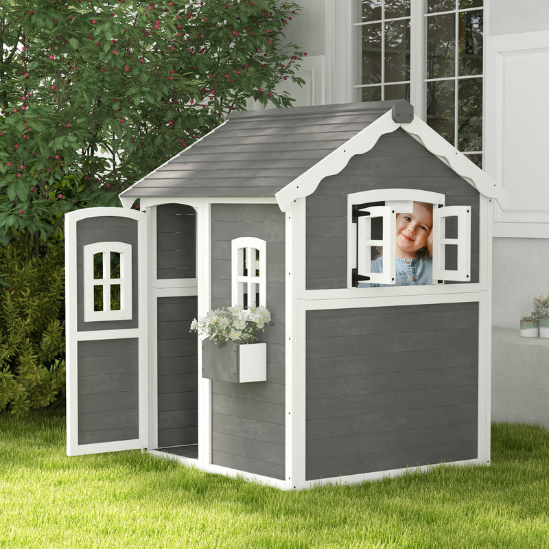 Wooden Playhouse for Kids with Doors, Windows, Plant Box, Floors, for 3-8 Years Old, Garden, Lawn, Patio, Grey