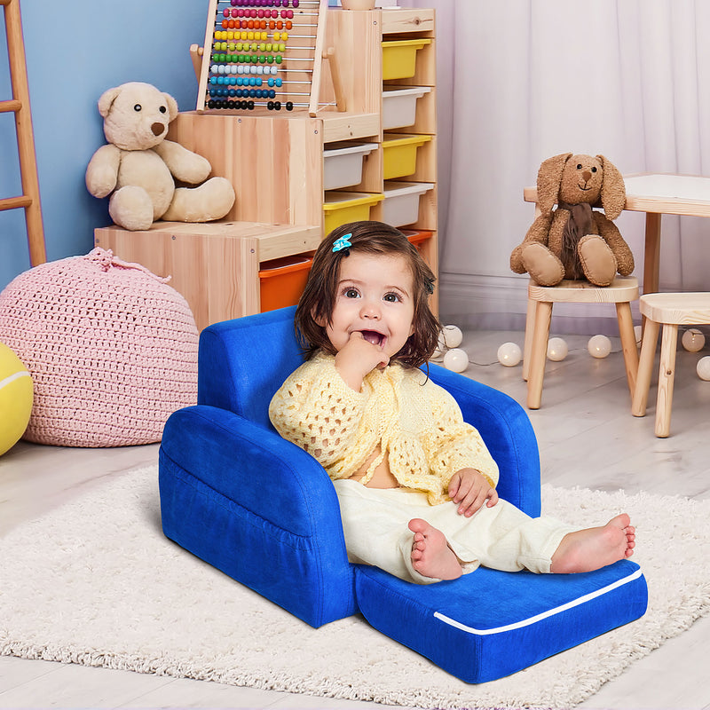 2 In 1 Kids Children Sofa Chair Bed Folding Couch Soft Flannel Foam Toddler Furniture for 3-4 years old Playroom Bedroom Living Room Blue