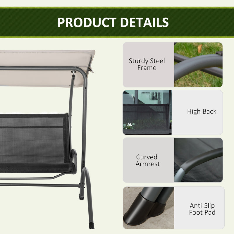 2 Seater Garden Swing Chair Outdoor Hammock Bench w/ Adjustable Tilting Canopy, Texteline Seats and Steel Frame, Beige