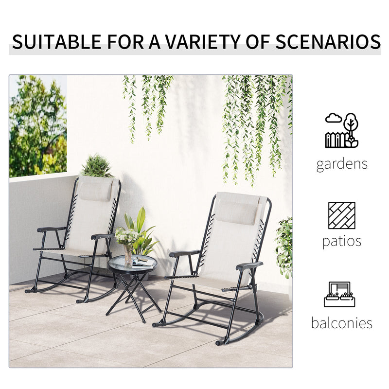 3 Piece Outdoor Rocking Set with 2 Folding Chairs and 1 Tempered Glass Table, Patio Bistro Set for Garden, Deck, Beige