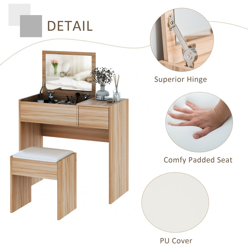 Chipboard Dressing Table Set Cushioned Stool Flip-up Mirror Drawer Wood Grain Colour