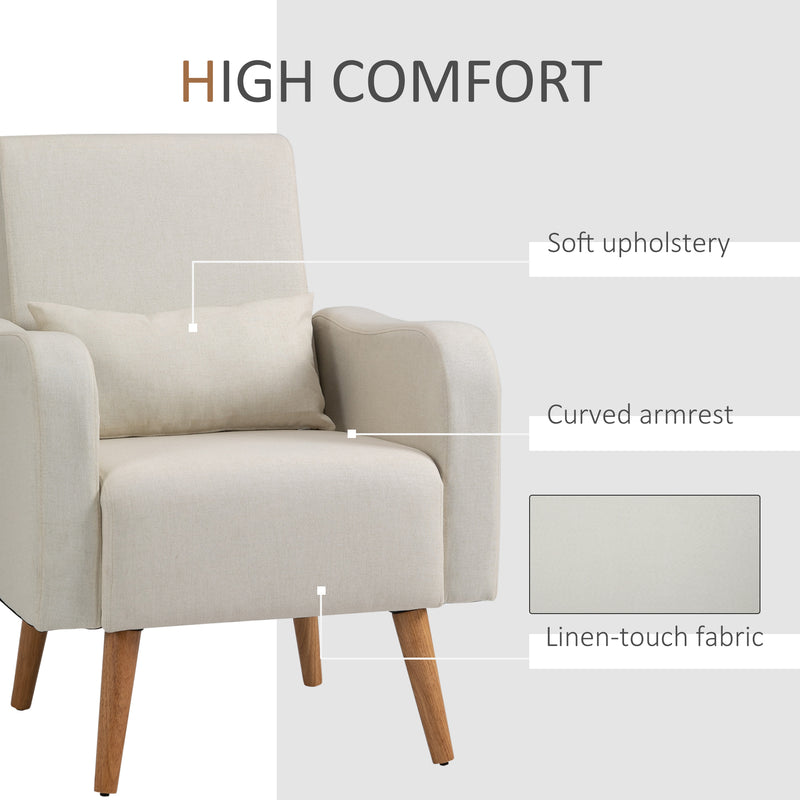 Accent Chair, Linen-Touch Armchair, Upholstered Leisure Lounge Sofa, Club Chair with Wooden Frame, Cream