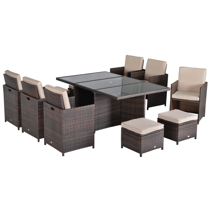 Outdoor 11pc Rattan Garden Furniture Patio Dining Set 10-seater Cube Sofa Weave Wicker 6 Chairs 4 Footrests & 1 Table Mixed Brown