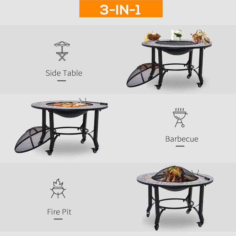 2-in-1 Outdoor Fire Pit on Wheels, Patio Heater with Cooking BBQ Grill, Firepit Bowl with Screen Cover, Fire Poker for Backyard Bonfire