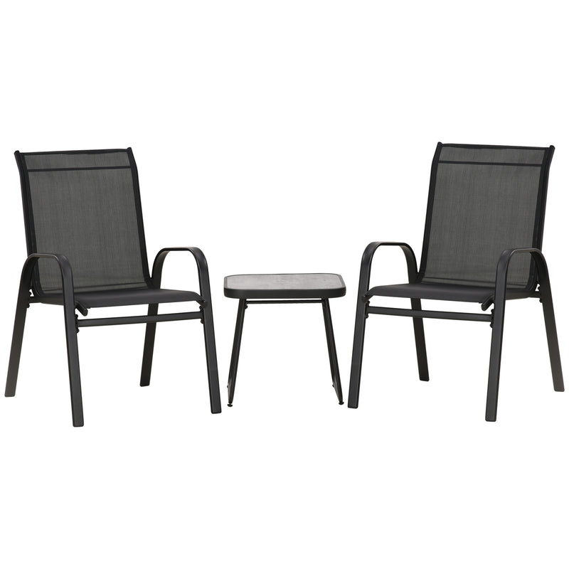 3 Pieces Outdoot Bistro Set, Patio Stackable Armchairs with Breathable Mesh Fabric and PSC Board Coffee Table, Black