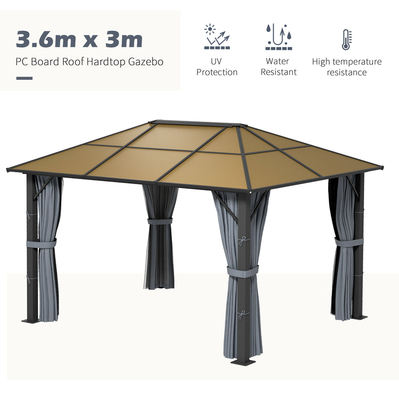3 x 3.6m Garden Aluminium Gazebo Hardtop Roof Canopy Marquee Party Tent Patio with Mesh Curtains & Side Walls - Grey