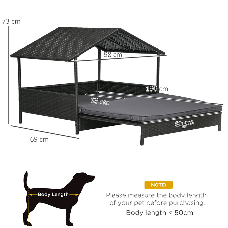 Extendable Elevated Dog Bed, Rattan Dog House w/ Water-Resistant Roof, Removable Cushion, for Small, Medium Dogs - Grey