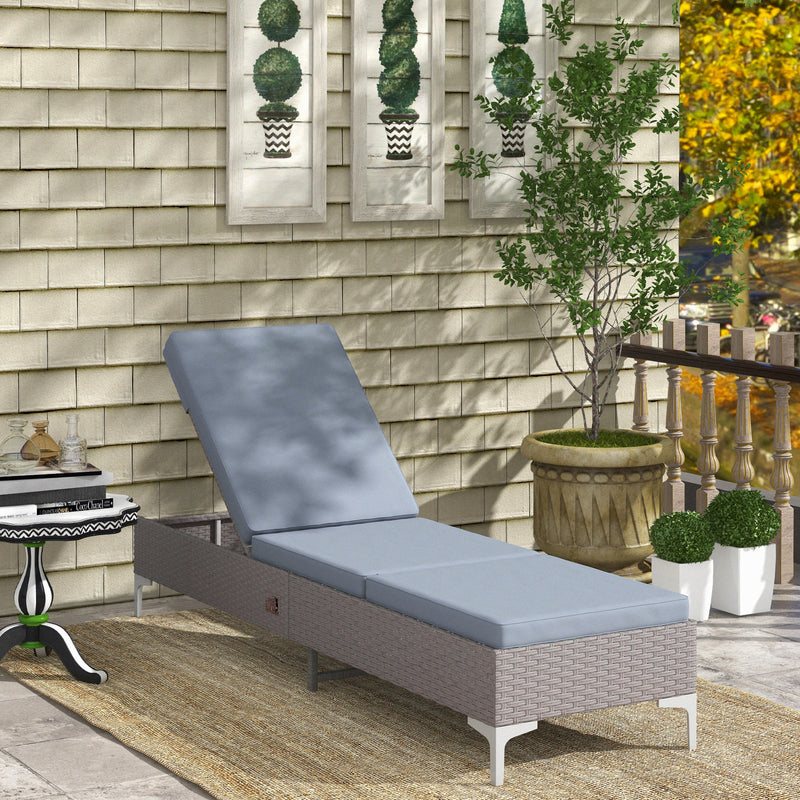 PE Rattan Sun Lounger, Multi-position Backrest Adjustable Single Recliner Sunbed Daybed w/ Removeable Cushion, for Garden, Dark Grey