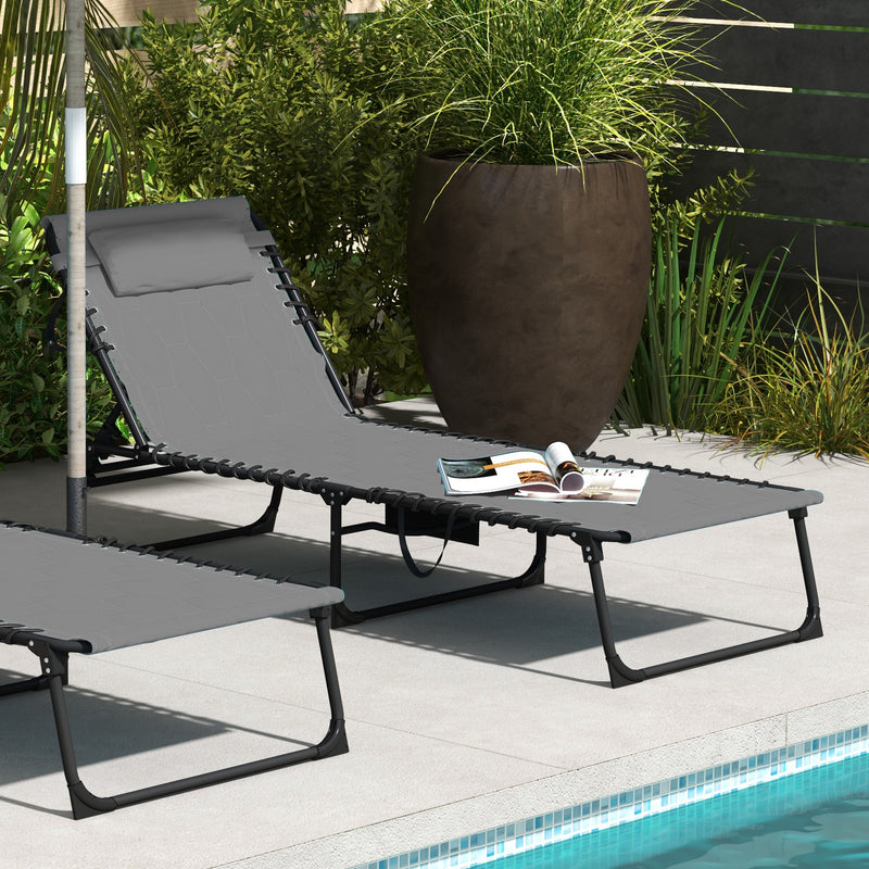 Foldable Sun Lounger with 5-level Reclining Back, Outdoor Tanning Chair w/ Padded Seat, Outdoor Sun Lounger with Side Pocket