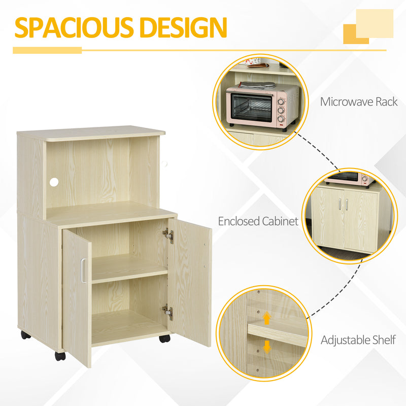 Microwave Stand, Modern Kitchen Storage Unit, Trolley Cart Sideboard w/ Cabinet, Locking Wheels, Shelf for Living Room, Dining Room -Oak Tone
