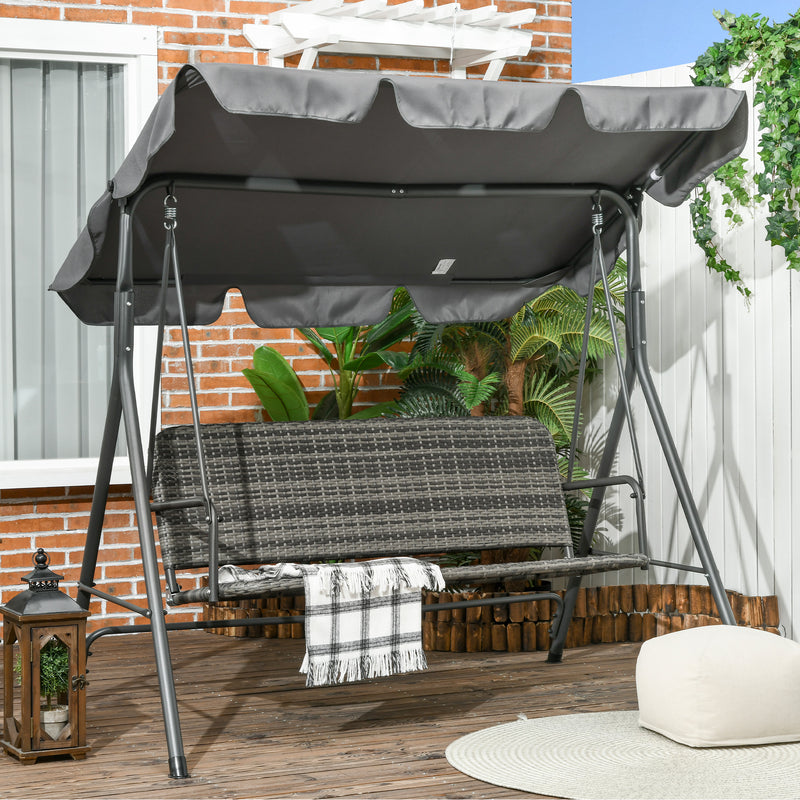 3-person Outdoor PE Rattan Swing Chair, Patio Wicker Hanging Swing Bench with Steel Frame Stand & Adjustable Canopy, Grey