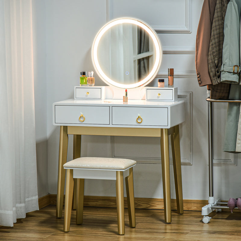 Dressing Table Set with Mirror, Built-in 3 Color LED Light, Vanity Makeup Table with 4 Drawers and Cushioned Stool for Bedroom, White