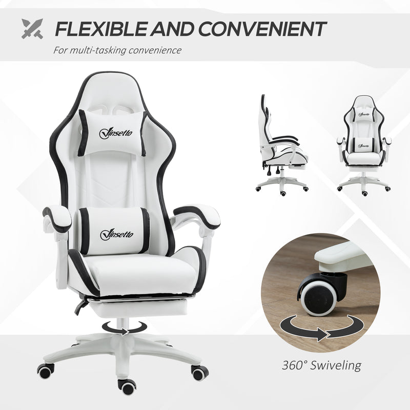 Racing Gaming Chair, Reclining PU Leather Computer Chair with 360 Degree Swivel Seat, Footrest, Removable Headrest White and Black