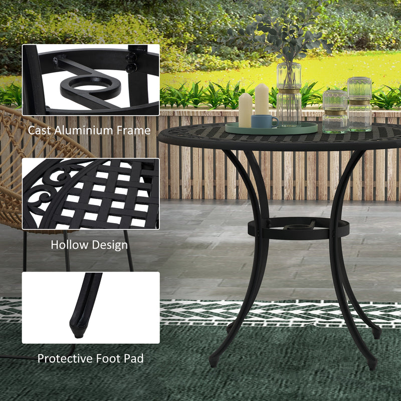 Round Garden Table with Parasol Hole, 90cm Cast Aluminium Outdoor Dining Table for 2-4 for Balcony - Black