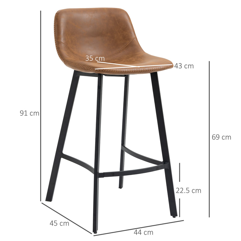 Bar Stools Set of 2, Industrial Kitchen Stool, Upholstered Bar Chairs with Back, Steel Legs, Brown