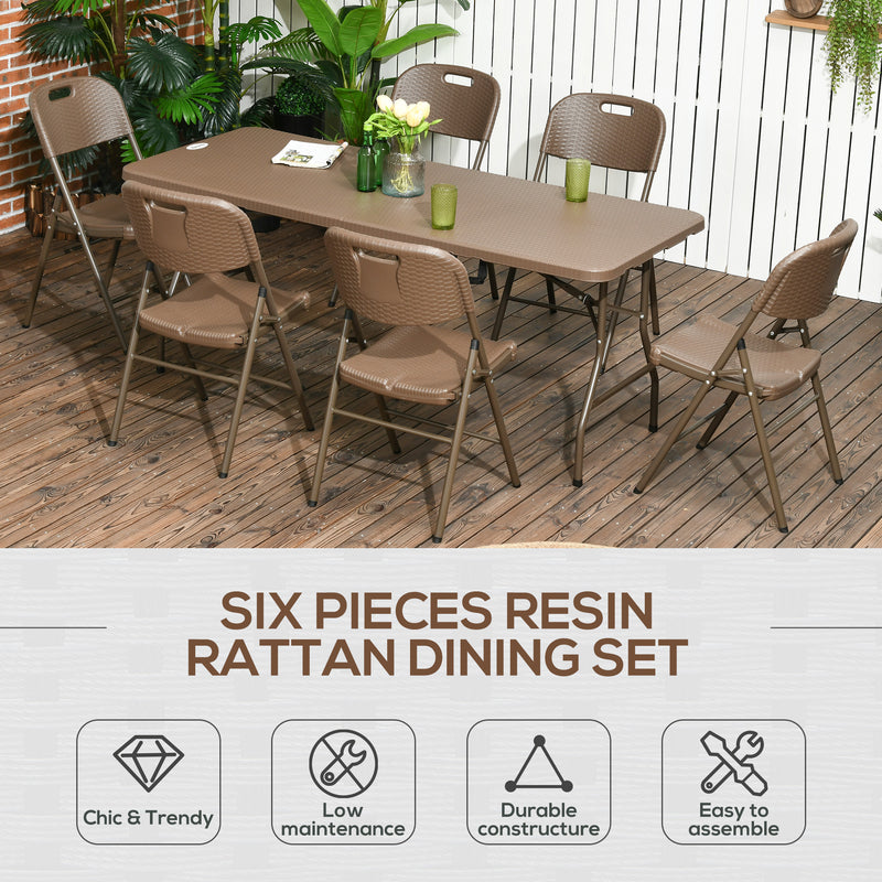 Patio 7 PCs Resin Rattan Dining Set, Foldable Chairs and Table w/ HDPE Molding Process, Portable, Space-saving for Indoor Outdoor Dark Brown