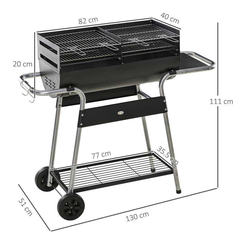 Charcoal Barbecue Grill Garden BBQ Trolley w/ Adjustable Grill Height, Double Grill, Side Table, Storage Shelf and Wheels, Black