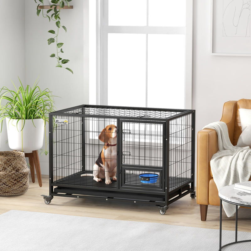 43" Heavy Duty Dog Crate on Wheels w/ Bowl Holder, Removable Tray, Detachable Top, Double Doors for L, XL Dogs