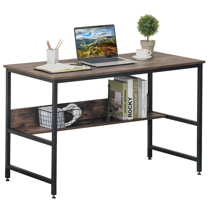 Computer Desk w/ Storage Shelf Adjustable Feet Metal Frame Home Office Laptop Study Writing Workstation Table Rustic Brown