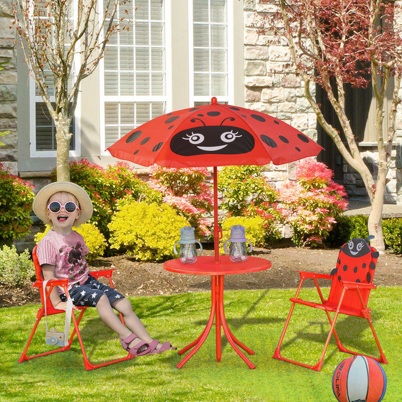 Kids Folding Picnic Table and Chairs Set Ladybug Pattern Outdoor w/ Parasol