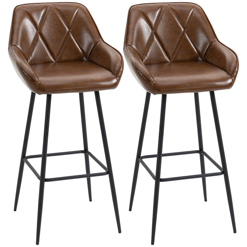 Retro Bar Stools Set of 2, Breakfast Bar Chairs with Footrest, Kitchen Stools with Backs and Steel Legs, for Dining Area and Home Bar, Brown