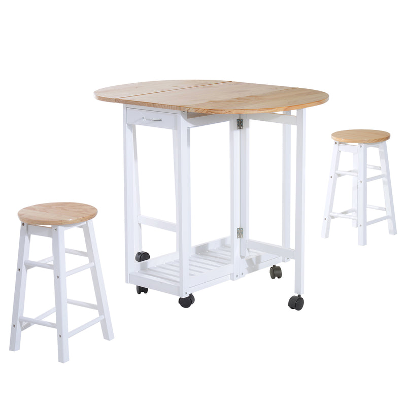 3PC Wooden Kitchen Cart Mobile Rolling Trolley Folding Bar Table Two Stools Dining Chair Storage Shelf w/2 Drawers & 6 Wheels