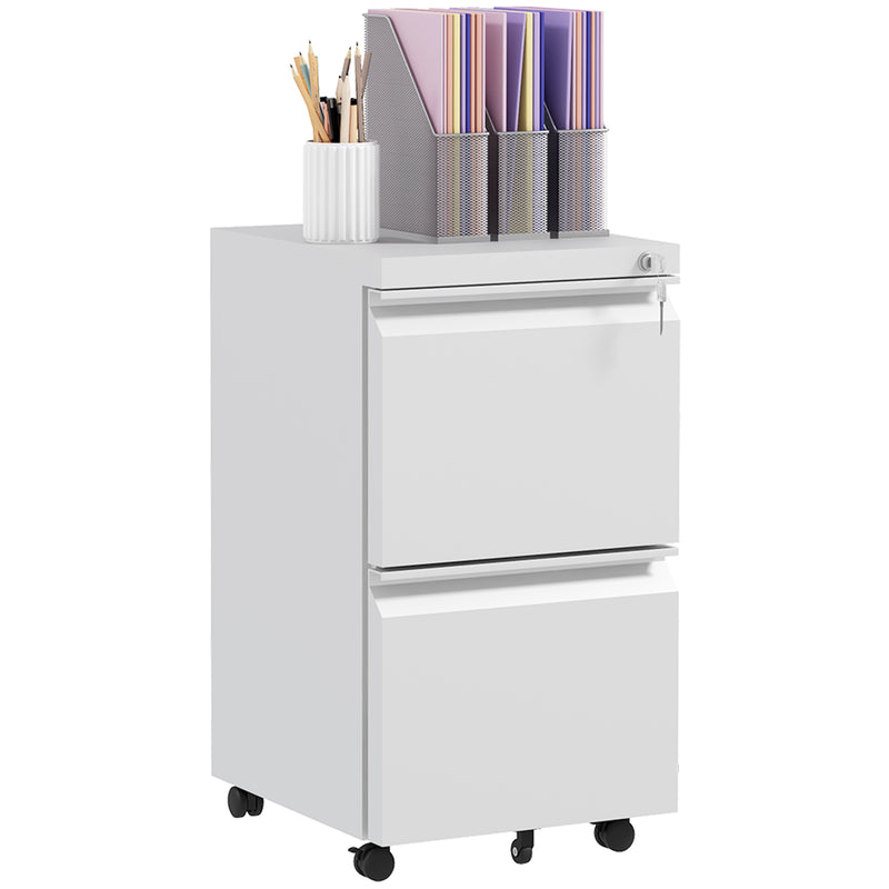2-Drawer Mobile Filing Cabinet on Wheels, Steel Lockable File Cabinet with Adjustable Hanging Bar for Letter, A4 and Legal Size, White