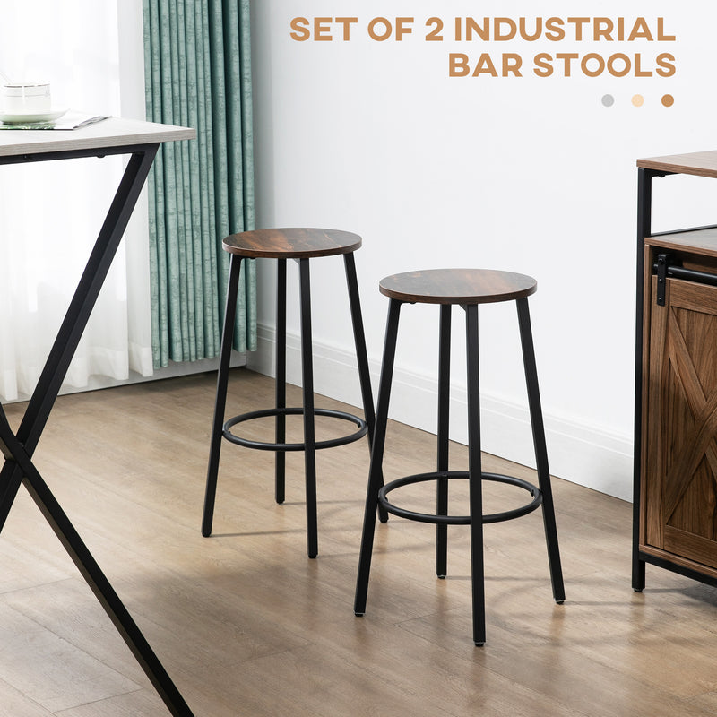 Set of 2 Bar Chairs with Round Footrest and Steel Legs,Industrial Bar Stools for Dining Room, Kitchen, Rustic Brown