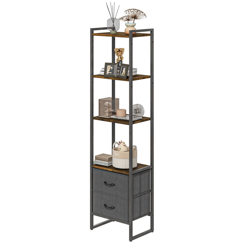 Industrial Bookcase 4-Tier Storage Shelf with 2 Fabric Drawers and Metal Frame for Living Room, Bedroom, Rustic Brown