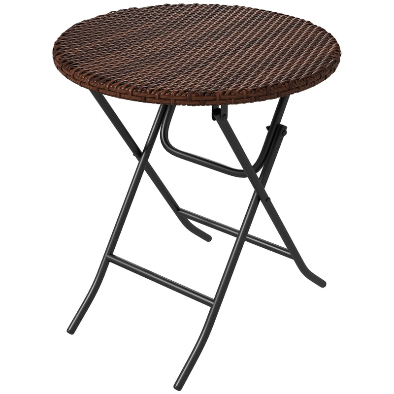 Foldable PE Rattan Outdoor Coffee Table, Metal Frame Wicker Round Side Table, Coffee Table Side Table for Lawn, Garden, Mixed Brown