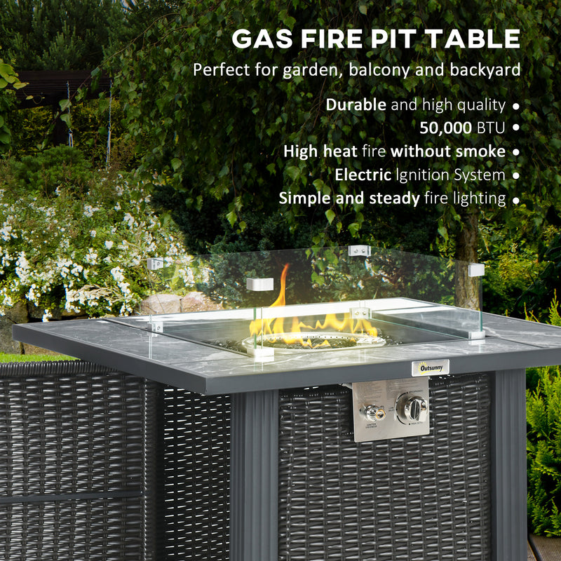 Outdoor PE Rattan Gas Fire Pit Table, Patio Square Propane Heater with Marble Desktop, Rain Cover, Glass Windscreen, and Glass Stones Black