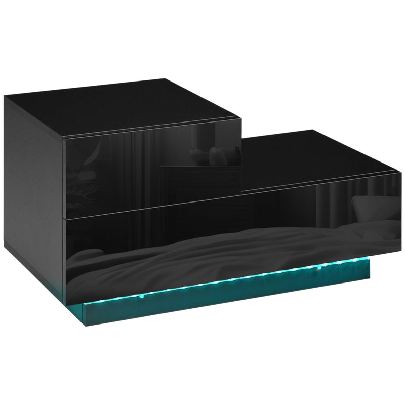 High Gloss Front Bedside Table with Drawers Nightstand with RGB LED Light and Remote for Bedroom Living Room Black