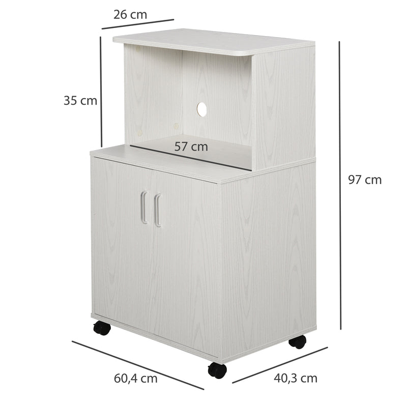 Microwave Cart on Wheels Utility Trolley Storage Sideboard Bookcase with 2-door Cabinet, 97H x 60.4W x 40.3Dcm, White