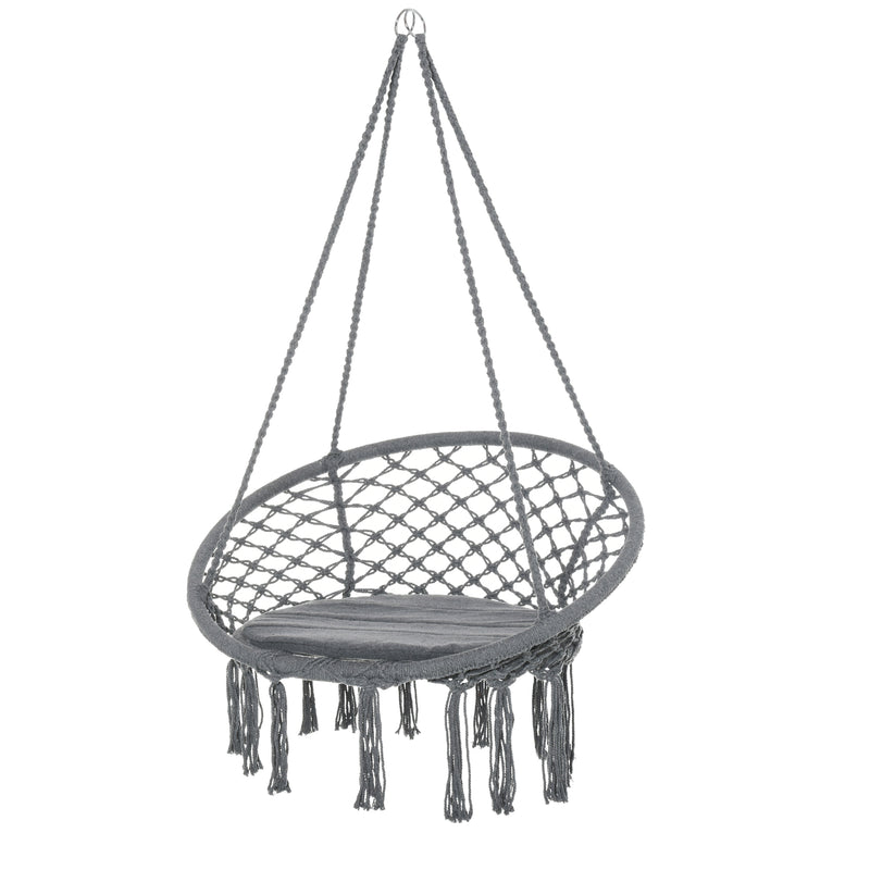 Cotton-Polyester Blend Macrame Hanging Chair Swing Hammock for Indoor & Outdoor Use with Backrest, Fringe Tassels, Grey