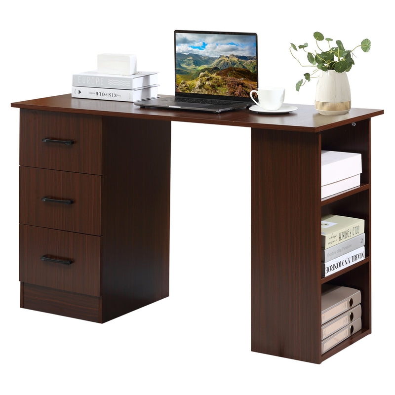 120cm Computer Desk with Storage Shelves Drawers, Writing Table Study Workstation for Home Office, Walnut Brown