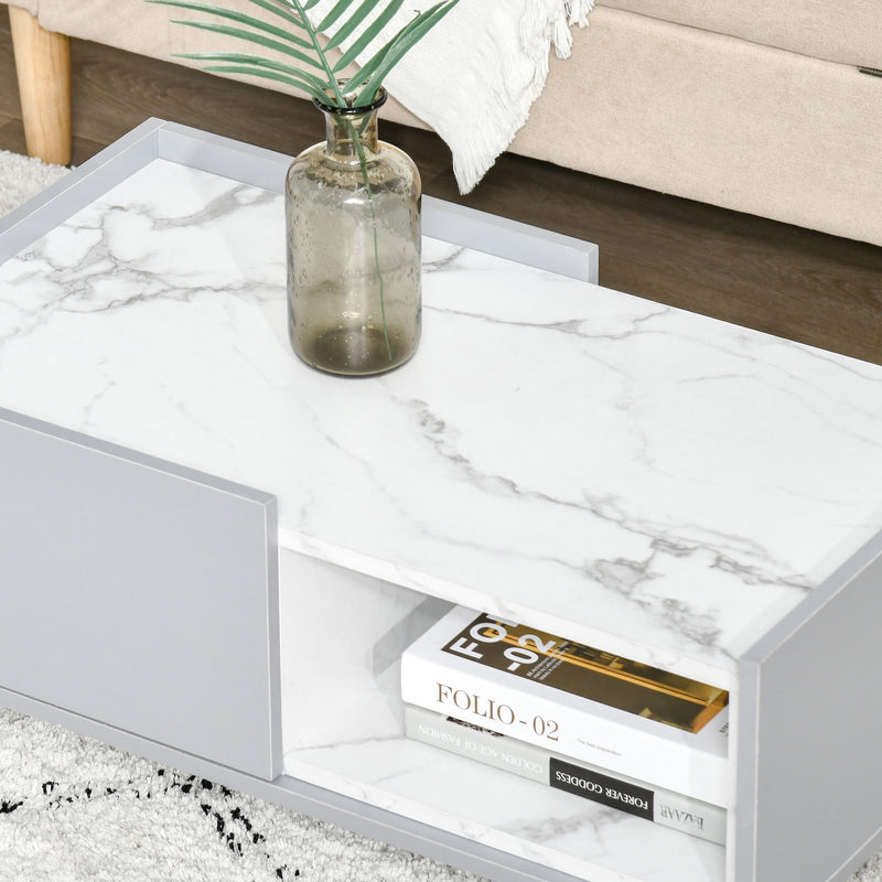 Two-Tone Coffee Table | Duo Storage Side Storage Furniture | Modern Marble Effect w/ Shelf Drawer Table Top Wood Legs Grey - White