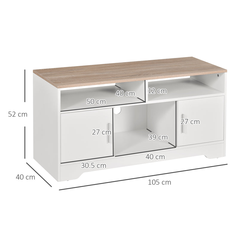 TV Stand for TVs up to 42 Inches with Cabinets, Shelves and Wide Tabletop for Living Room, Bedroom, Dining Room, White and Wood Color
