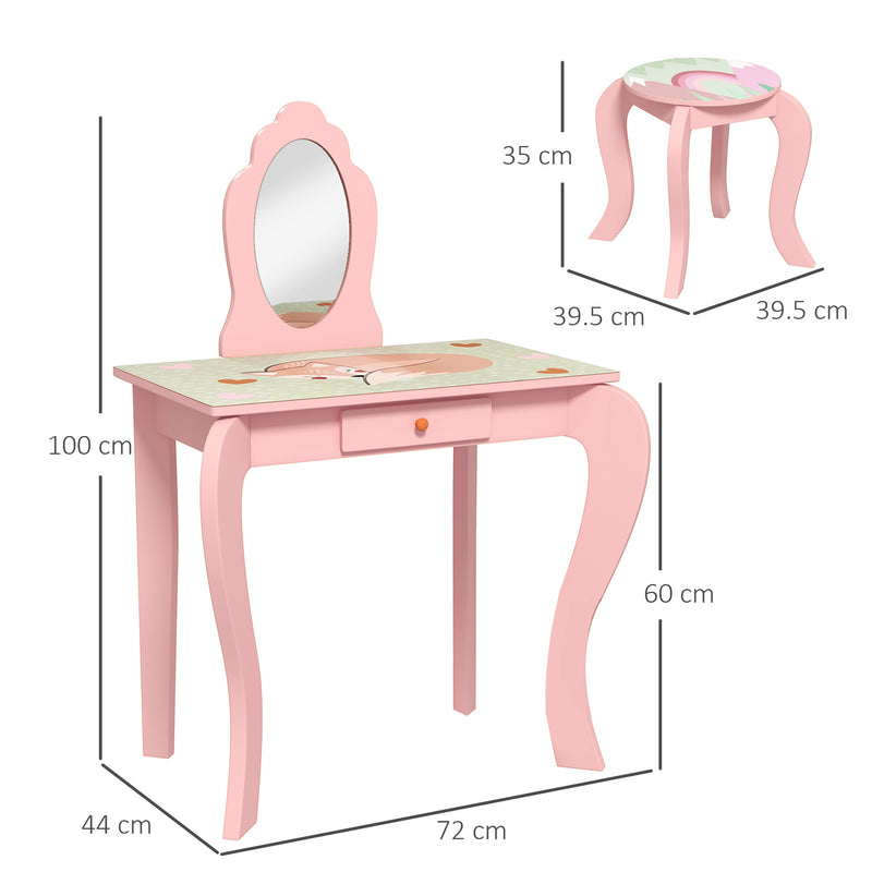 Kids Dressing Table with Mirror and Stool, Girls Vanity Table Makeup Desk with Drawer, Cute Animal Design, for 3-6 Years - Pink
