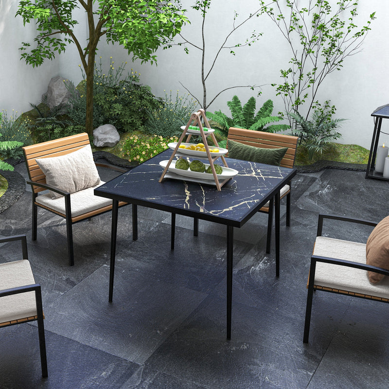 Square Garden Table, Outdoor Dining Table for 4 with Marble Effect Tempered Glass Top and Steel Frame for Patio, Black