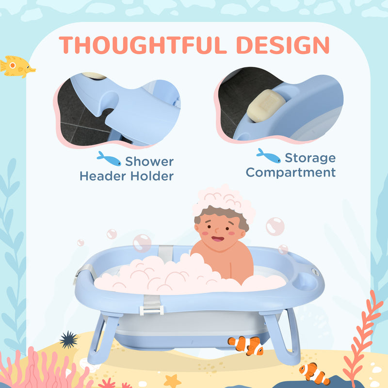 Foldable Baby Bath Tub, Bath Tub with Non-Slip Support, Cushion Pad, Drain Plugs, Shower Head Holder, for Newborn to 6 Years - Blue